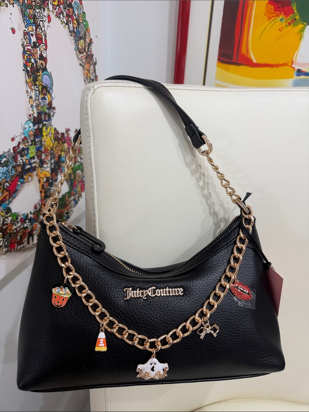 Juicy Couture Black Shoulder Bag with Gold  Chain & Sparkly Halloween Charms